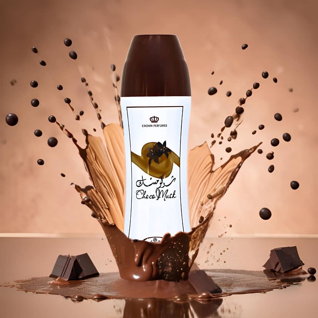 Al Rehab Choco Musk perfumed body spray 200ml with velvet pouch, showcasing the deodorant bottle with chocolate and musk scent design.
