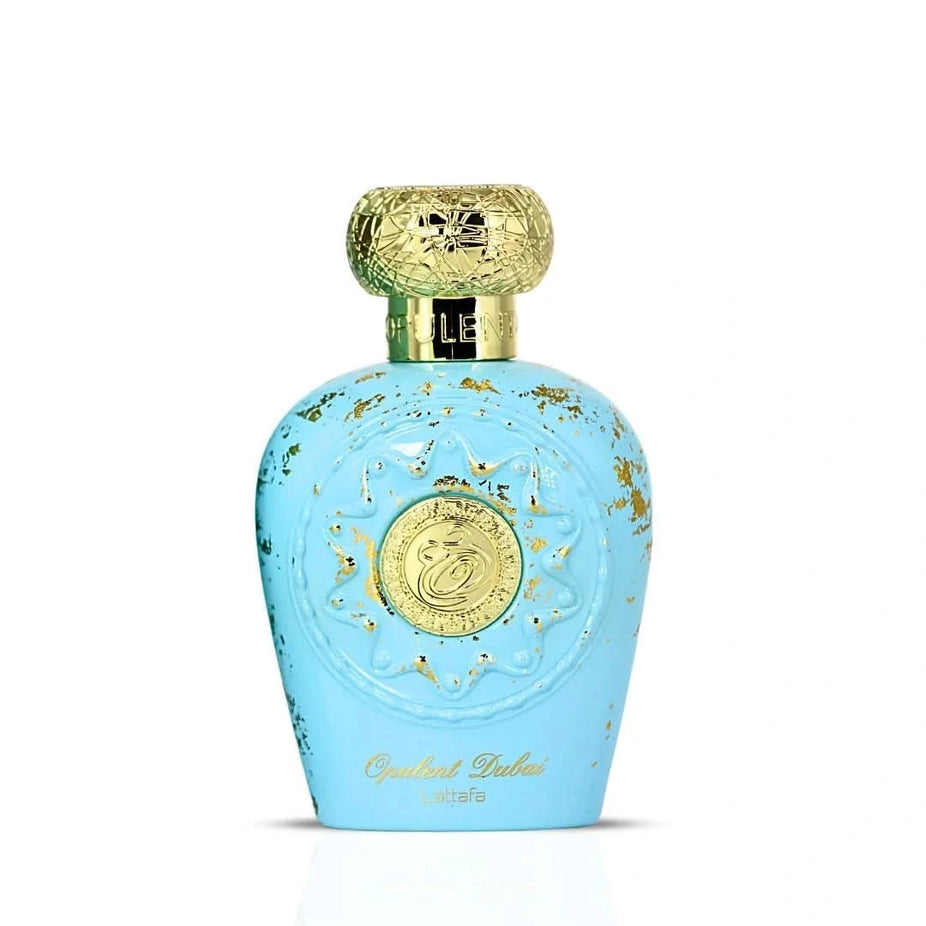 Opulent Dubai Eau de Parfum Spray by Lattafa, 100ml bottle with elegant gold and blue design, showcasing luxurious packaging.