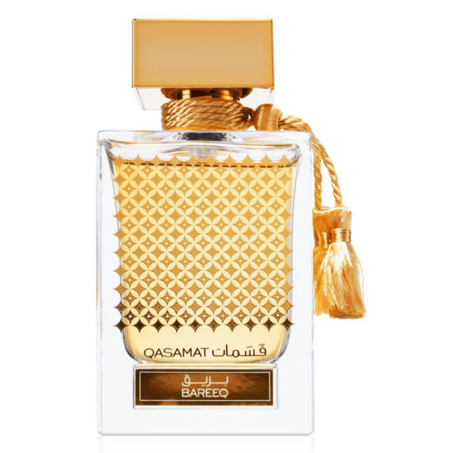 Qasamat Bareeq Eau De Parfum by Rasasi in 65ml bottle, with elegant packaging and fragrance display.