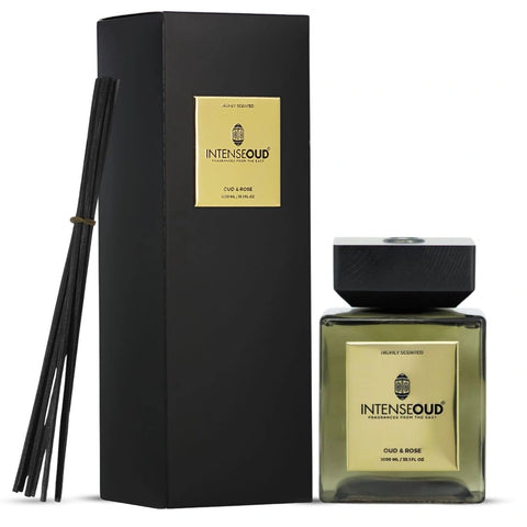 INTENSE OUD Reed Diffuser, Oud Rose – 1000ml (35.1 oz) – Fragrance for Up to 90 Days – Reusable, Refillable Glass Holder, Includes 6 All-Natural Reed Sticks