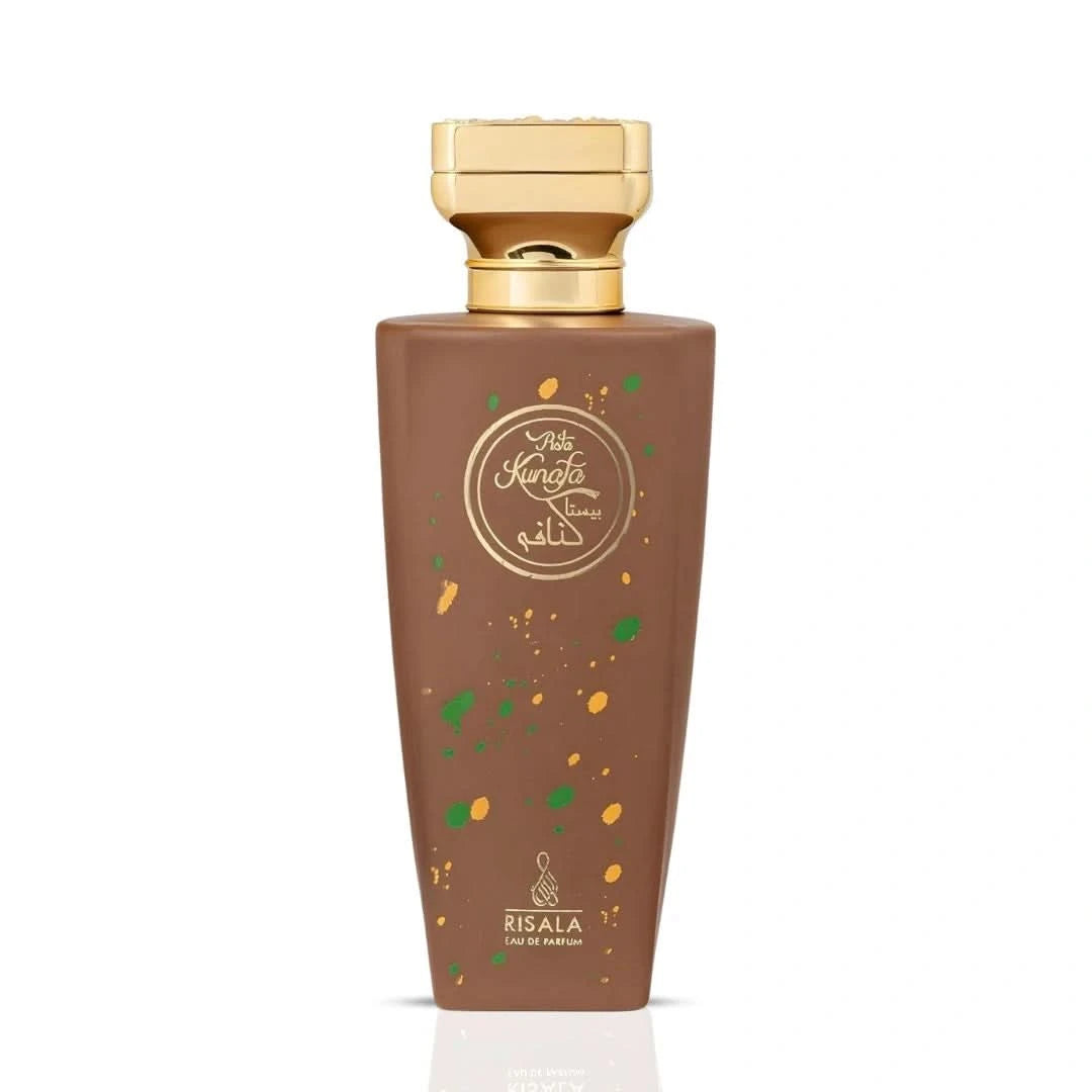 RISALA Pista Kunafa Eau de Parfum spray 100ml bottle with velvet pouch, featuring elegant packaging and a luxurious fragrance.