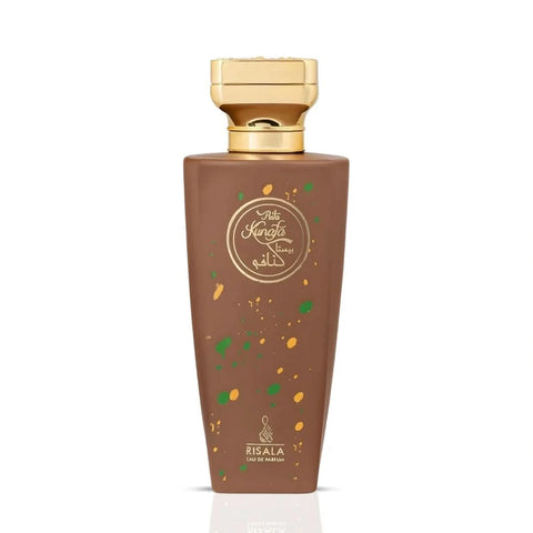 RISALA Pista Kunafa Eau de Parfum spray 100ml bottle with velvet pouch, featuring elegant packaging and a luxurious fragrance.