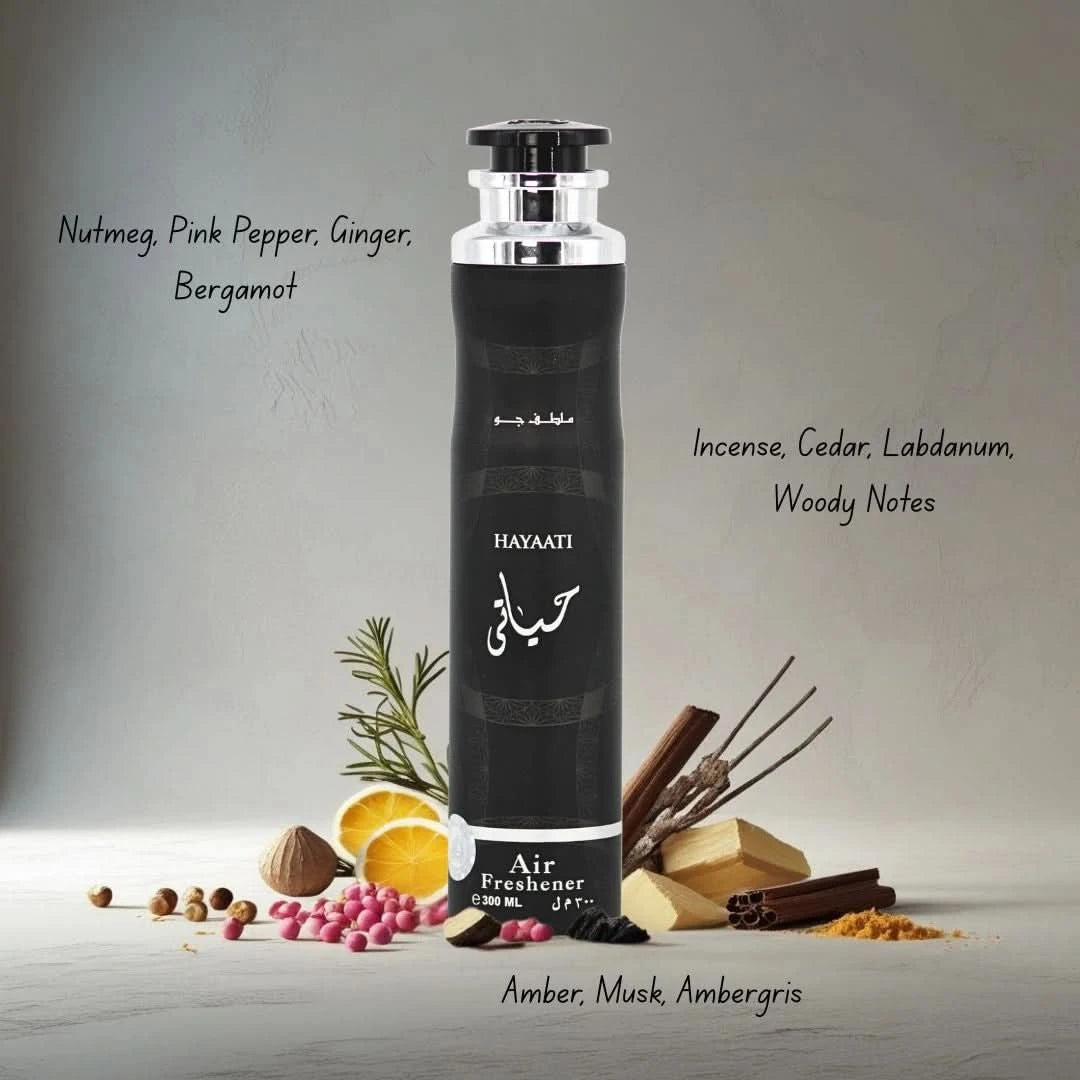 Lattafa Hayaati Air Freshener 300ml bottle with floral and fresh scent, designed to refresh and deodorize indoor spaces.