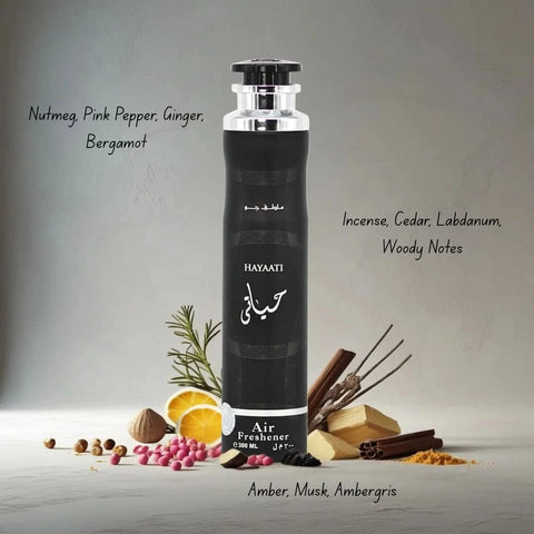 Lattafa Hayaati Air Freshener 300ml bottle with floral and fresh scent, designed to refresh and deodorize indoor spaces.