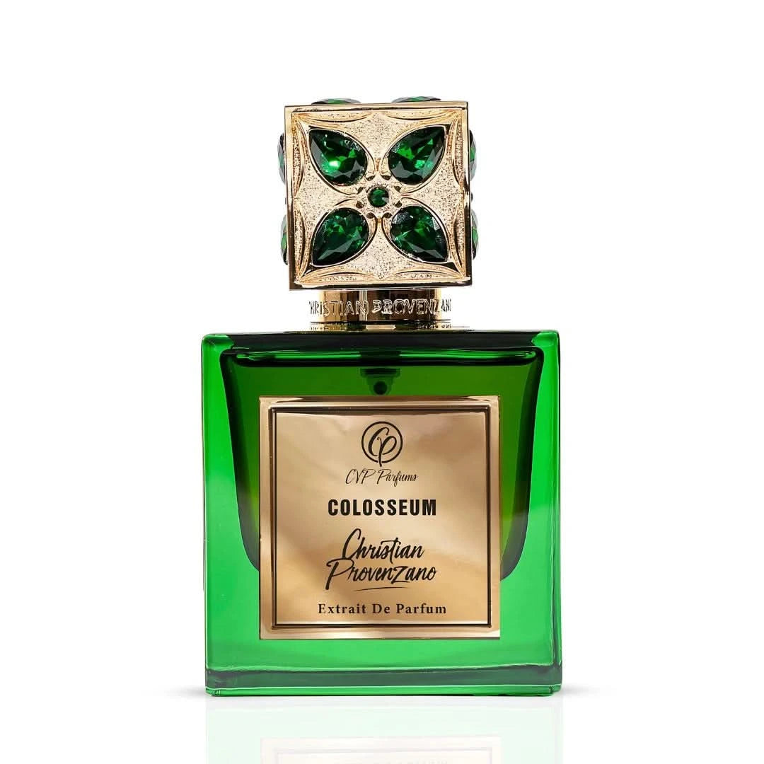 Christian Provenzano Colosseum Extrait De Parfum 100ml bottle on a reflective surface, showcasing elegant packaging.