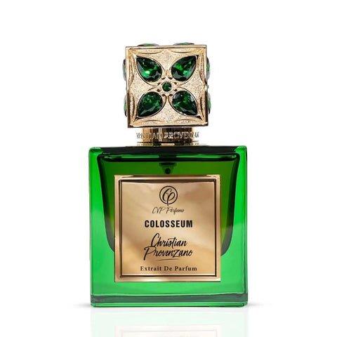 Christian Provenzano Colosseum Extrait De Parfum 100ml bottle on a reflective surface, showcasing elegant packaging.