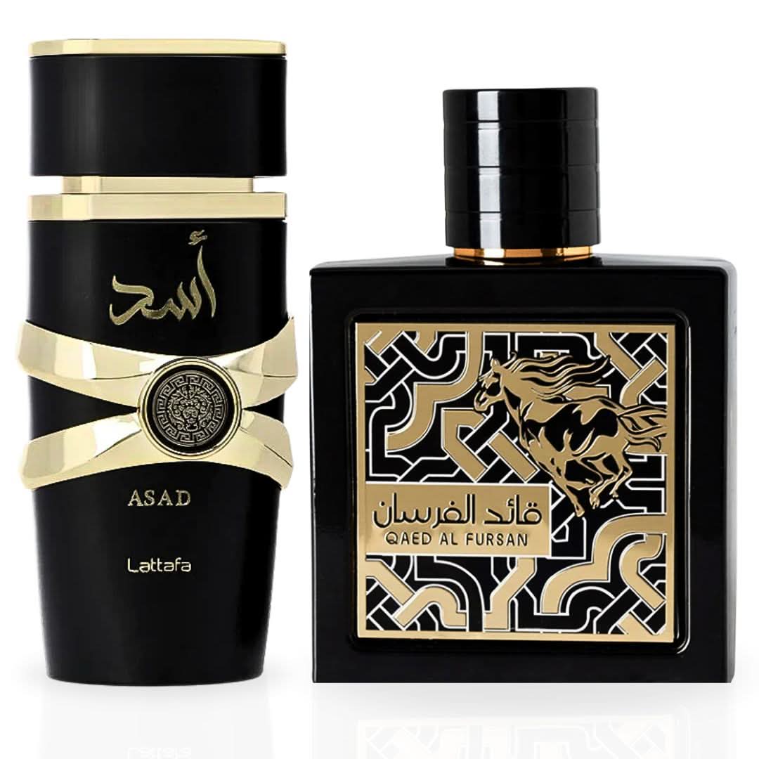 Lattafa Asad 100ml and Qaed Al Fursan 90ml Eau de Parfum sprays in a bundle, featuring elegant bottles with decorative caps.