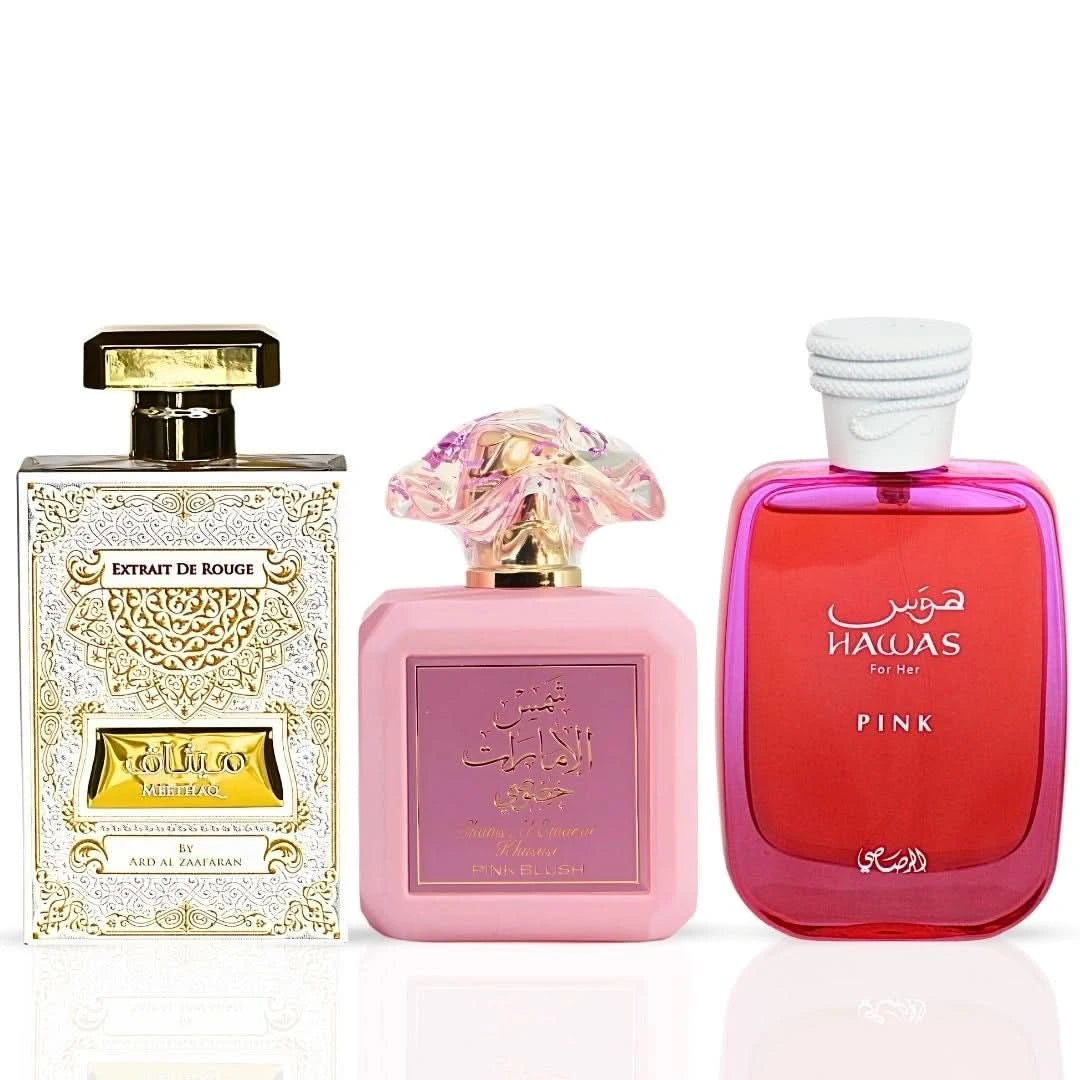 Pink Blush & Meethaq Extrait De Rouge by Ard Al Zaafaran and Hawas Pink by Rasasi Eau de Parfum 100ml bundle, featuring colorful perfume bottles.
