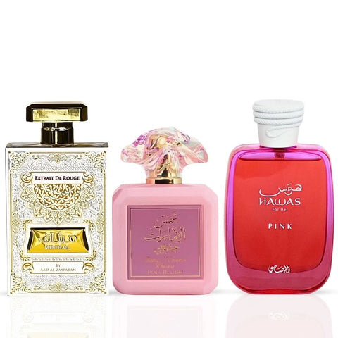 Pink Blush & Meethaq Extrait De Rouge by Ard Al Zaafaran and Hawas Pink by Rasasi Eau de Parfum 100ml bundle, featuring colorful perfume bottles.