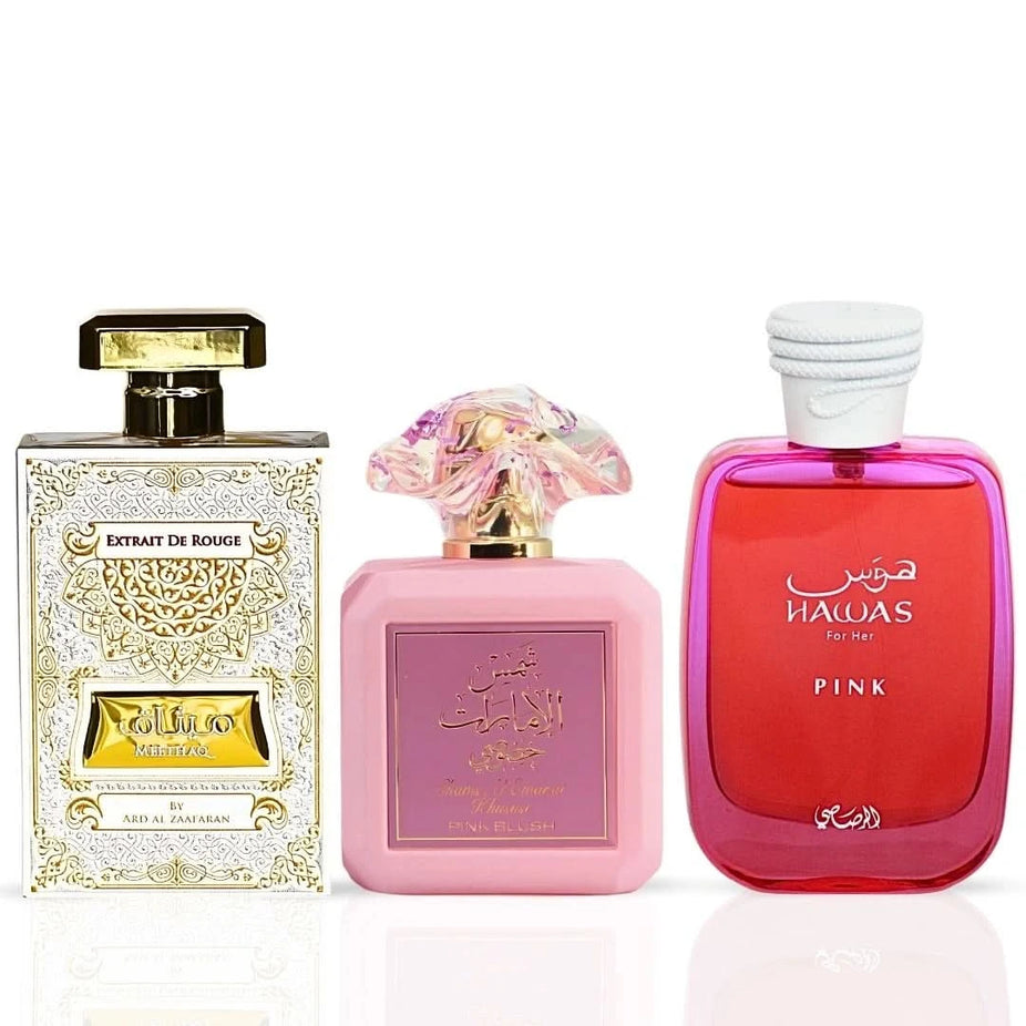 Pink Blush & Meethaq Extrait De Rouge by Ard Al Zaafaran and Hawas Pink by Rasasi Eau de Parfum 100ml bundle, featuring colorful perfume bottles.