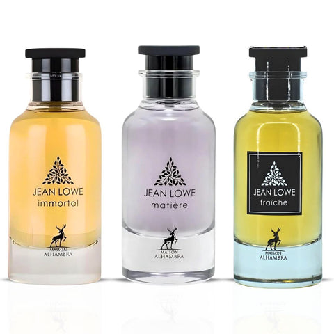 Maison Alhambra Jean Lowe Immortal Eau de Parfum bundle with two 100ml spray bottles, featuring elegant glass bottles and fragrance labels.