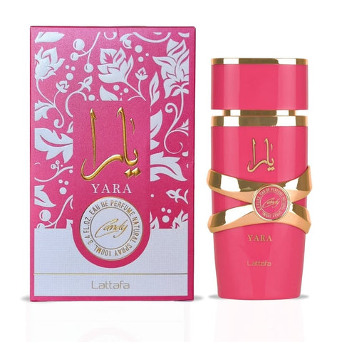 Three bottles of Yara Candy Eau de Parfum Spray by Lattafa, 100ml each, displayed in a value pack.