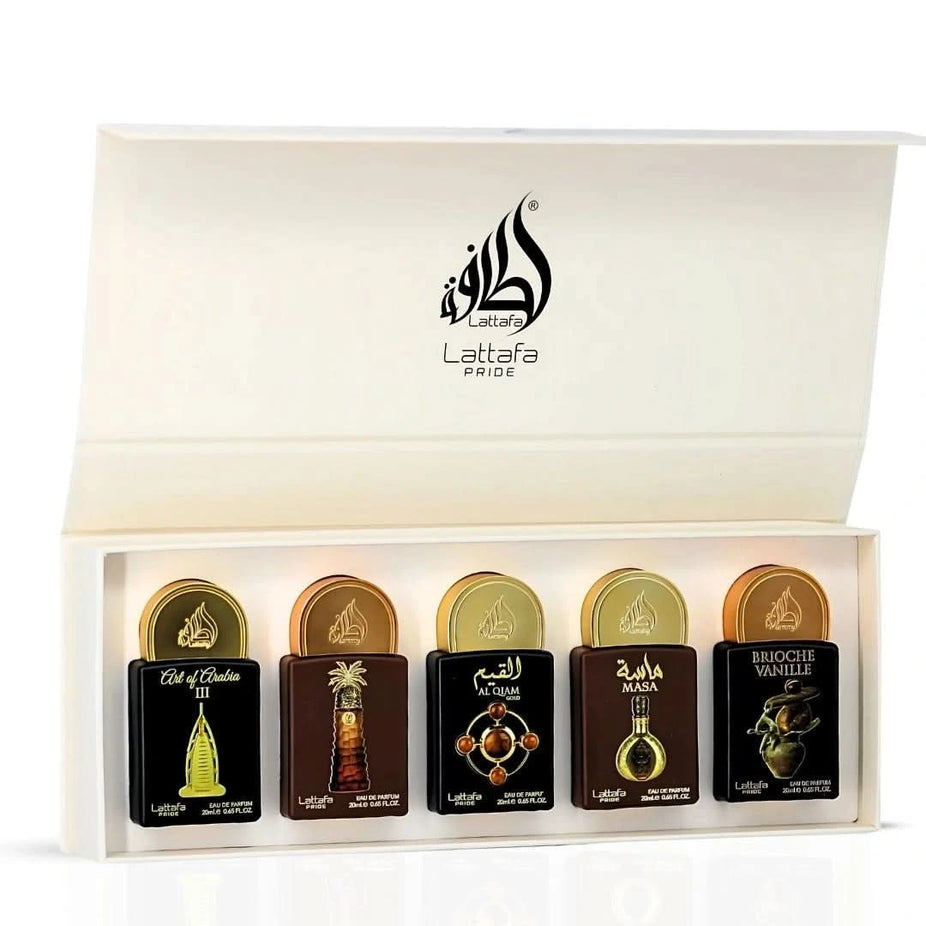 Lattafa Pride Eau de Parfum gift set with five 20ml bottles, featuring a collection of luxurious fragrances.