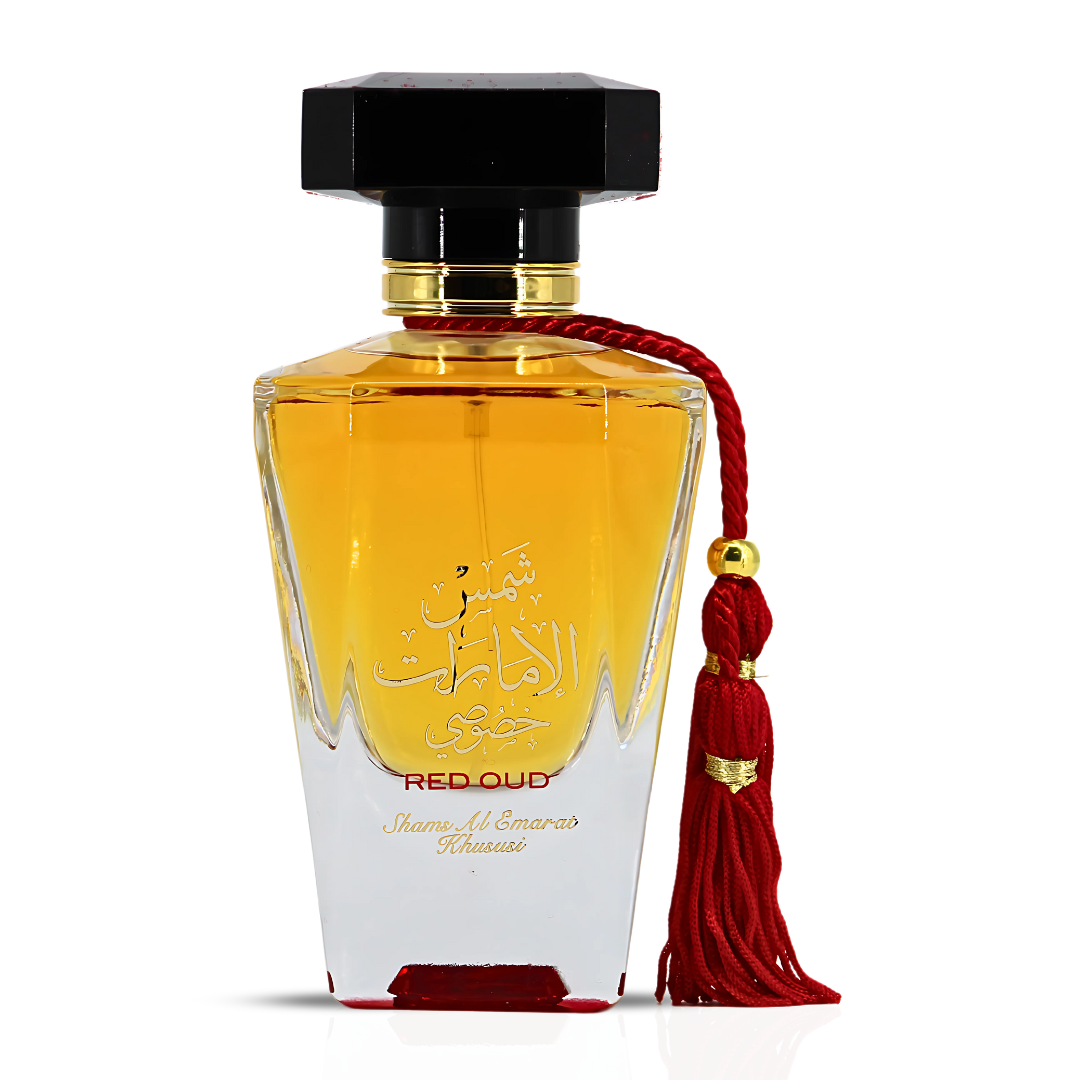 Red Oud Shams Al Emarat Khususi Eau de Parfum spray by Ard Al Zaafaran, 100ml, featuring a luxurious red bottle and elegant packaging.