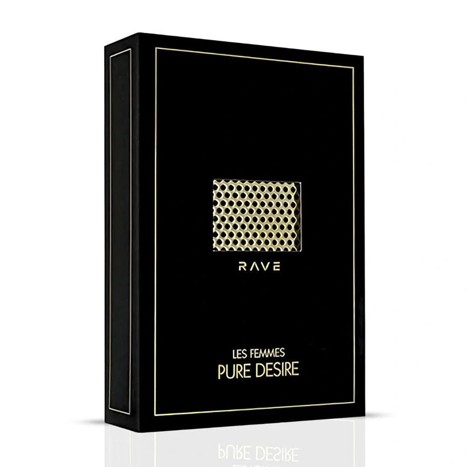 RAVE Pure Desire Gold Eau de Parfum spray bottle, 100ml, with elegant packaging and gold accents visible in the image.
