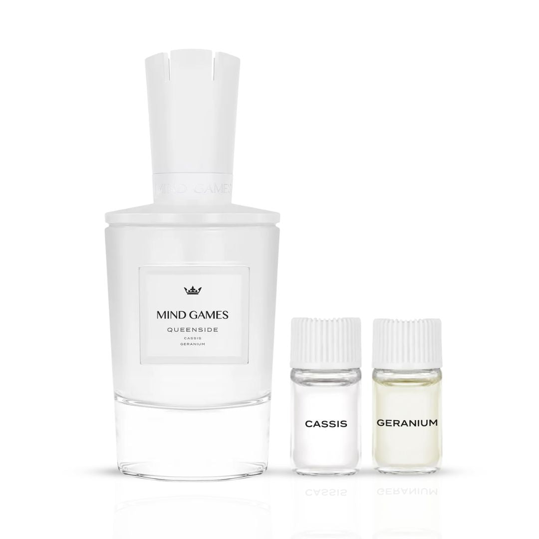 QueenSide Extrait de Parfum by Mind Games, 100ml EDP bottle with elegant packaging and luxurious fragrance display.