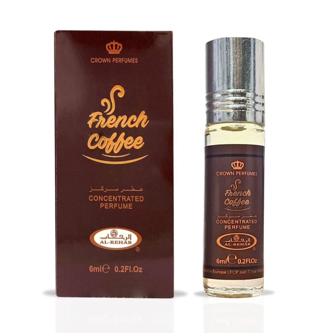 Bundle of Al Rehab Choco Musk and French Coffee perfume oils in 6ml bottles, featuring rich, aromatic scents.