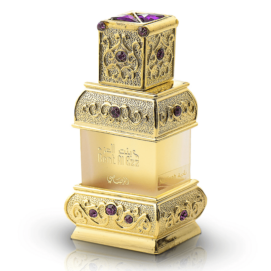 Rasasi Bent Al Ezz Nadiyah perfume oil bottle, 18 ML, concentrated perfume oil with elegant packaging and traditional design.