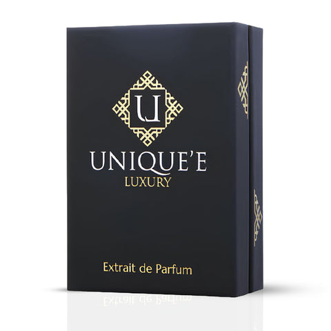Unique'e Luxury Hidden Accords Extrait de Parfum 100ml EDP bottle with elegant design and gold accents.