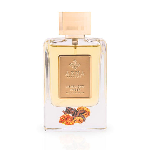 Agarwood Amber Eau de Parfum Spray by AZHA, 100ml bottle with elegant packaging, showcasing the luxurious fragrance.