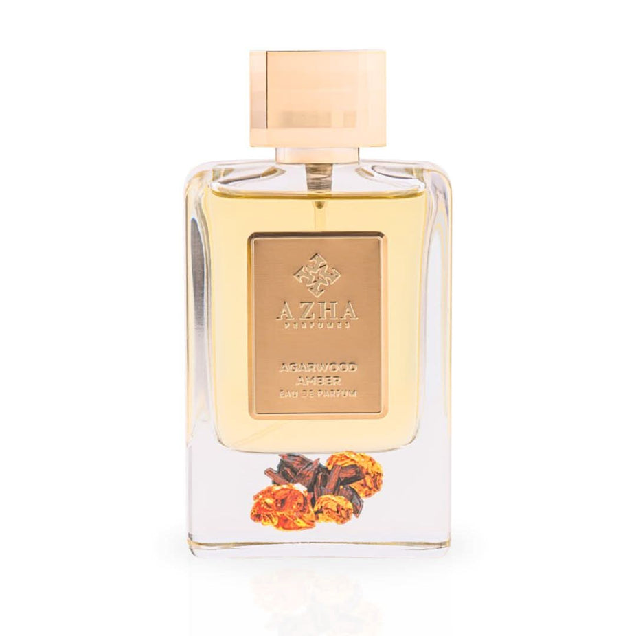 Azzha Agarwood Amber Eau de Parfum spray bottle, 100ml, with elegant packaging and fragrance details visible.