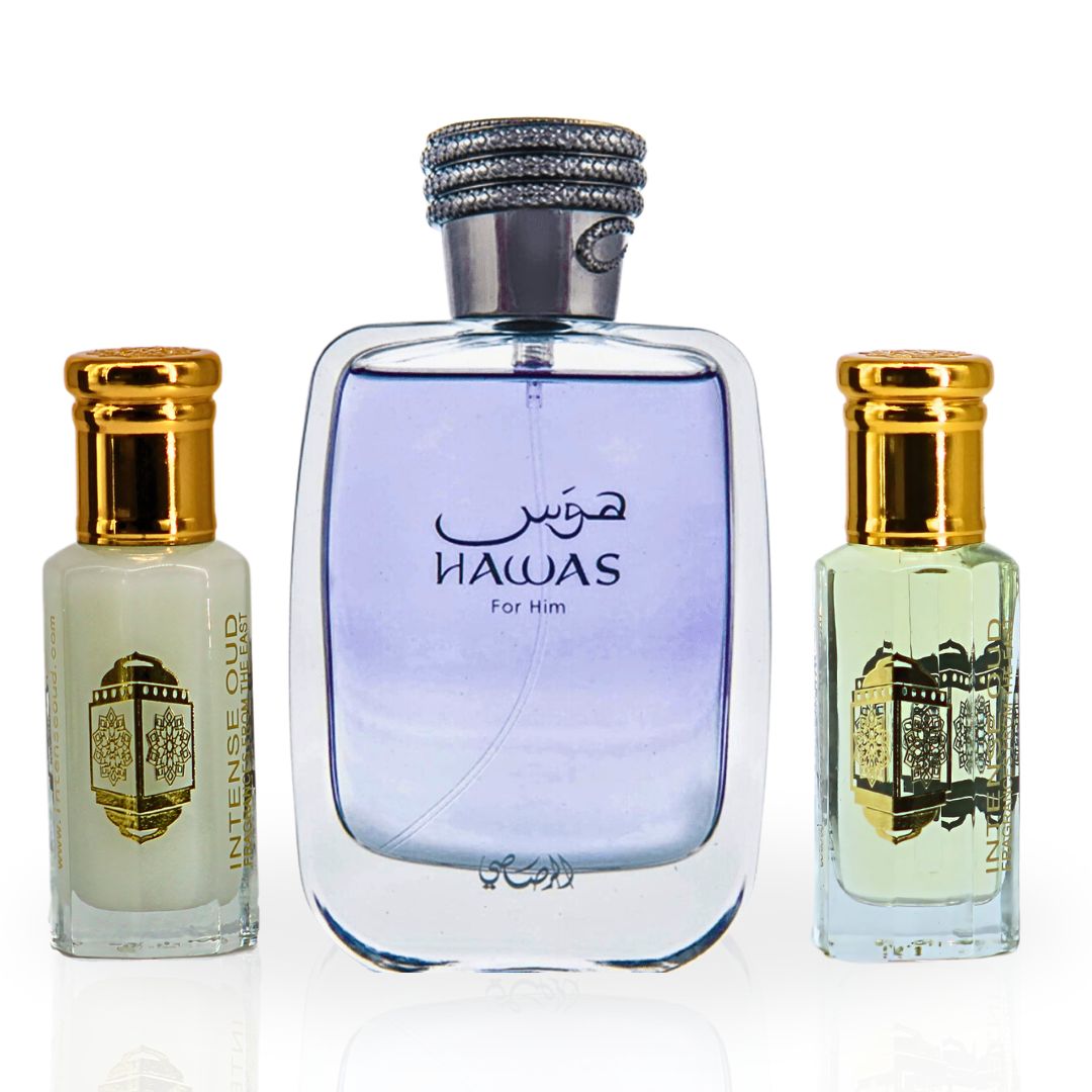 Hawas for Men EDP Spray 100ML (3.4 OZ) & Musk Tahara Perfume Oil 12ML (0.4 OZ) & Oudh Malak Perfume Oil 12ML (0.4 OZ) With Magnetic Gift Box | Redefine Your Aura With These Scents. - Intense Oud