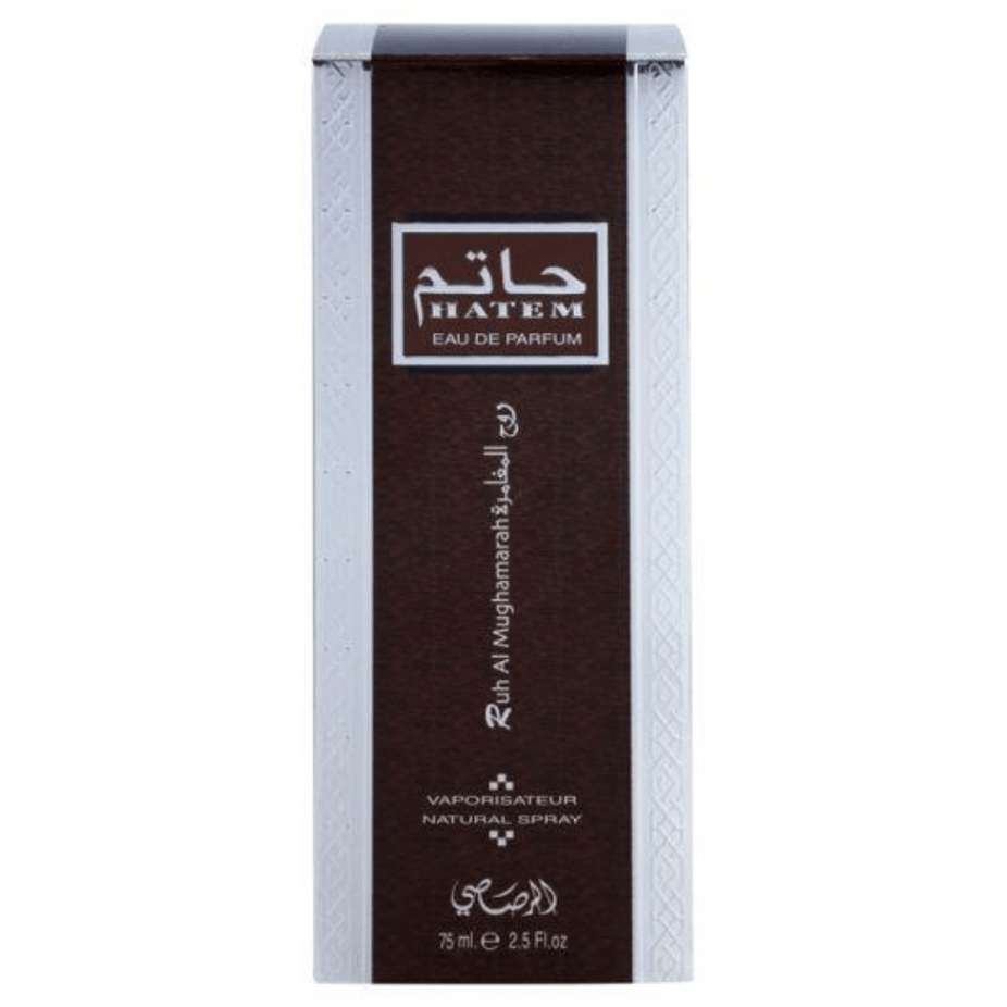 Rasasi Hatem Ruh Al Mughamarah Eau De Parfum for men in a 75ml bottle with elegant packaging and branding.