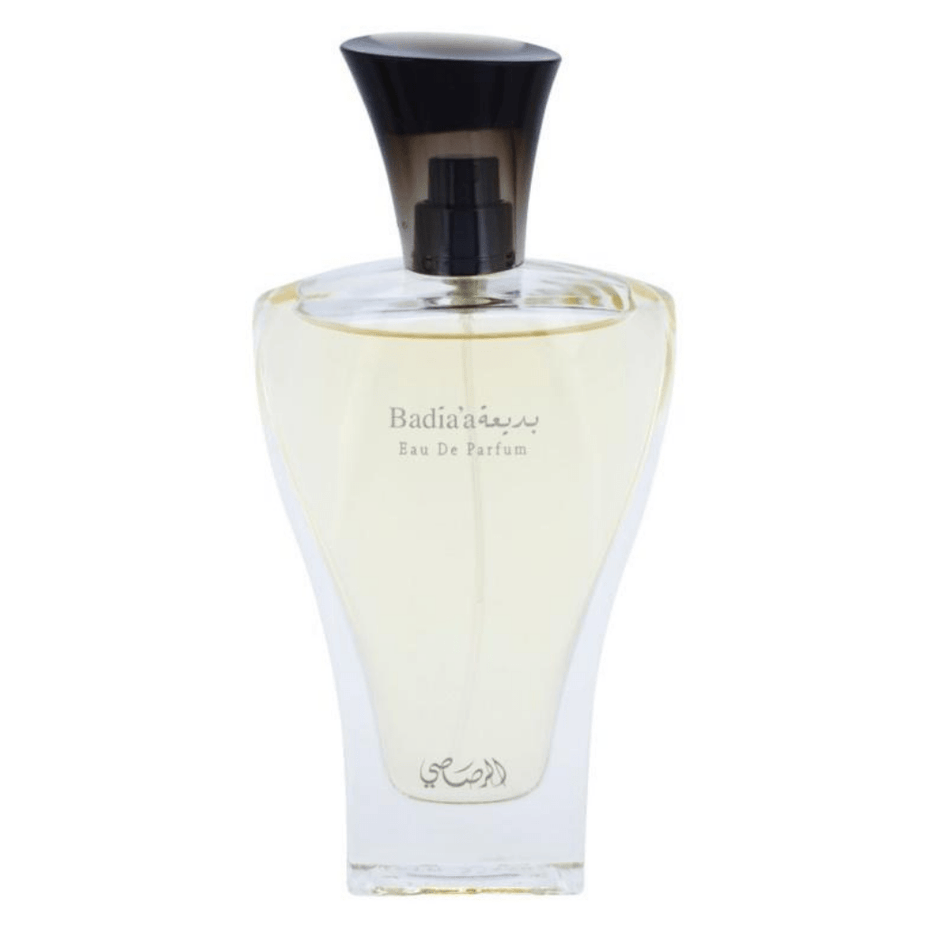 Rasasi Badia'a for Women Eau De Parfum 100ml bottle with elegant floral design and clear glass packaging.
