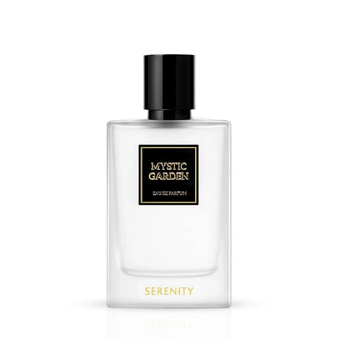 Serenity Mystic Garden Eau de Parfum Spray 50ml shown in a sleek bottle with floral and herbal design elements.