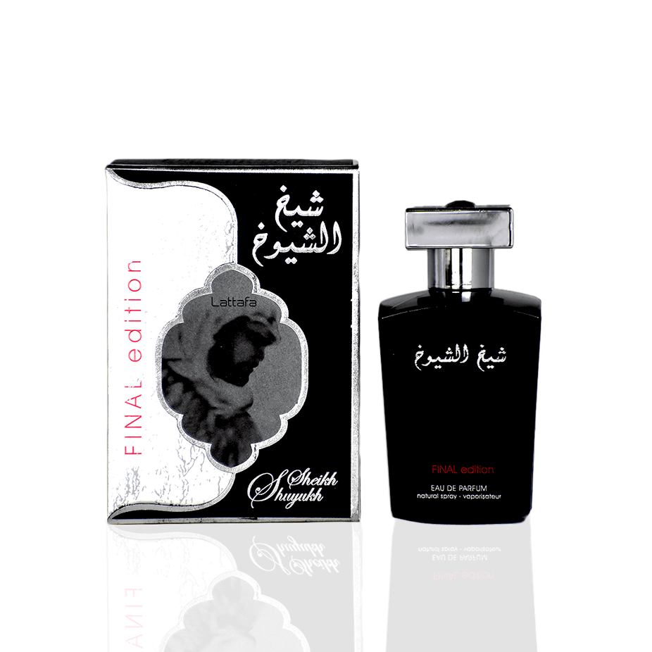 Lattafa Sheikh Al Shuyukh Final Edition Eau de Parfum spray 100ml bottle, elegant design and label visible.