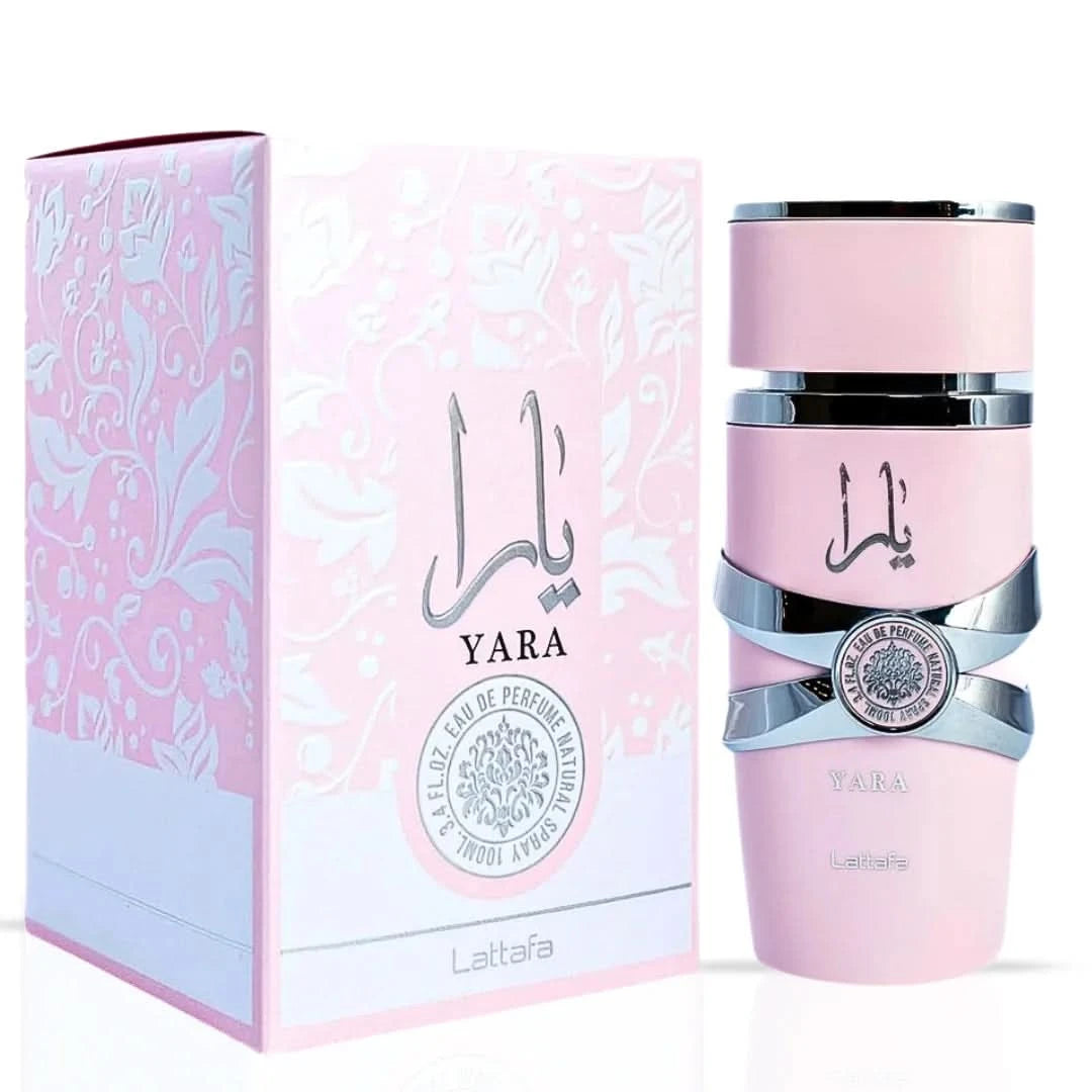 Intense Oud perfume bundle featuring Yara Eau De Parfum Spray 100ml by Lattafa and Pink Blush Shams Al Emarat 50ml by Ard Al Zaafaran.