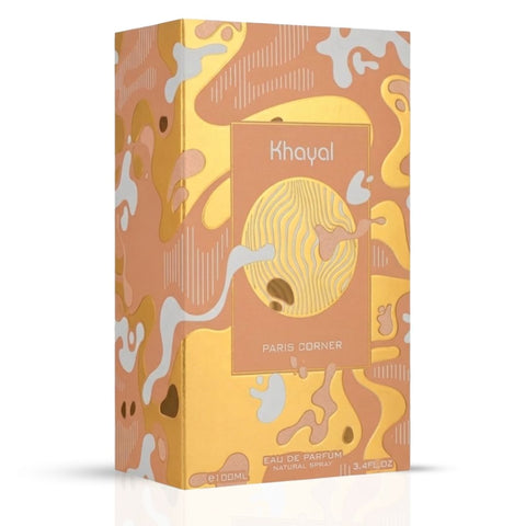 Khayal Eau de Parfum spray 100ml by Paris Corner, elegant perfume bottle with a sleek design and floral accents.