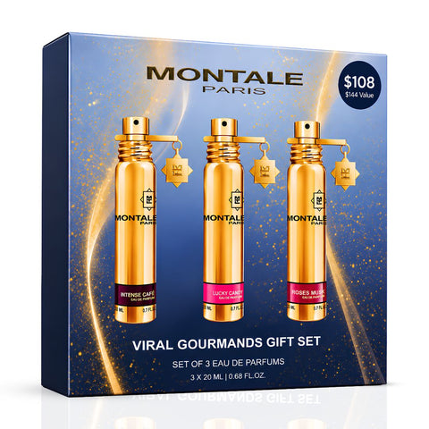 Viral Gourmand Travel Fragrance Set — Lucky Candy, Roses Musk & Intense Café 20ml Eau de Parfum Sprays by Montale