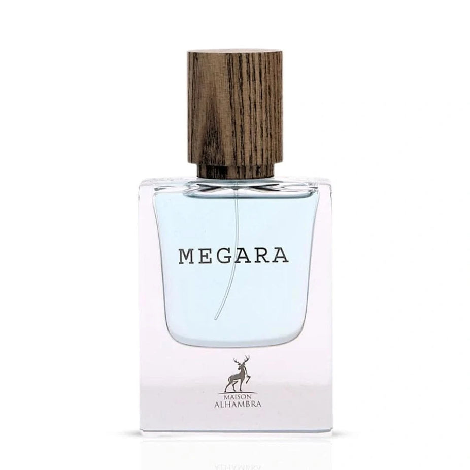 Maison Alhambra Megara Eau de Parfum spray 50ml bottle with elegant packaging and reed diffuser in the background.