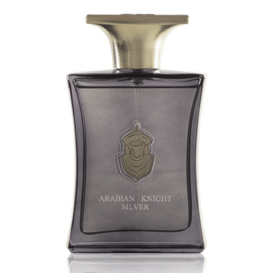 Arabian Oud Arabian Knight Silver Eau De Parfum bottle, 100ML, with elegant silver design, showcasing the luxury fragrance.