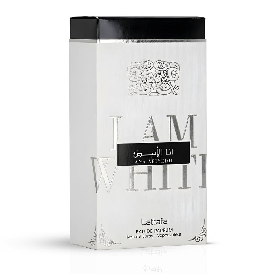 Lattafa Ana Abiyedh Eau de Parfum spray bottle, 60ml, with elegant packaging and fragrance details visible.