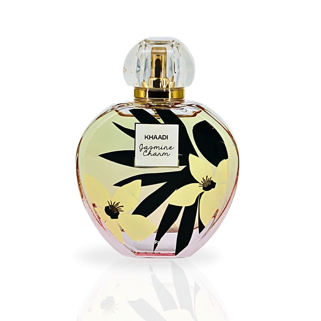 Khaadi Jasmine Charm Eau de Parfum spray 100ml with elegant bottle and floral design.