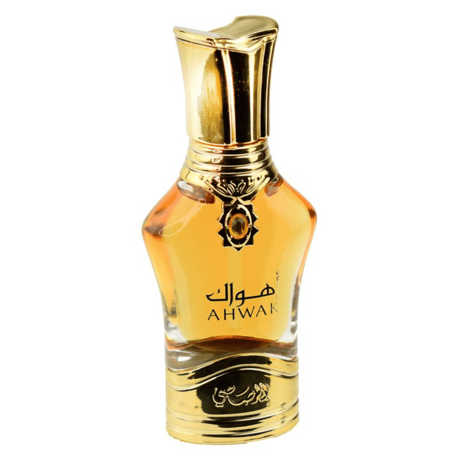 Rasasi Ahwak Al Asfar concentrated perfume oil 15ml bottle with elegant packaging and branding.