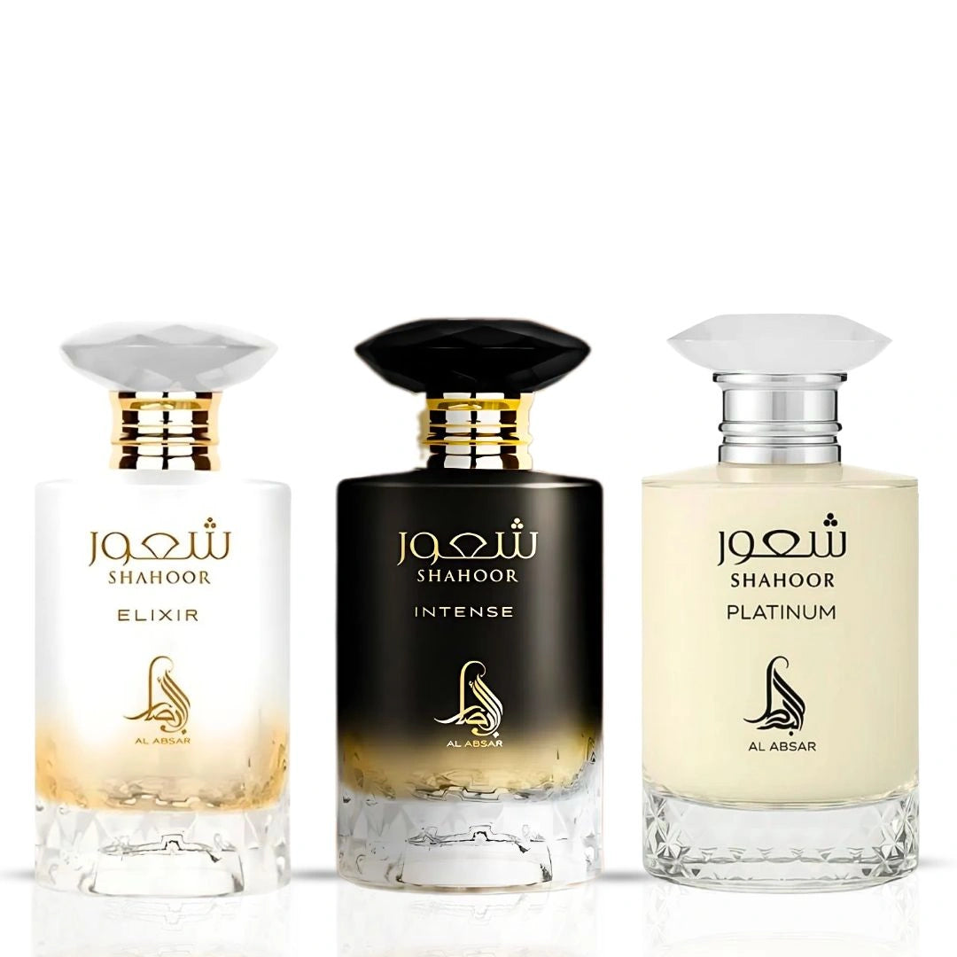Shahoor Intense, Shahoor Elixir & Shahoor Platinum Eau de Parfum Sprays 100ml (3.4 oz) by Al Absar | A Trilogy of Bold, Sweet & Sophisticated Elegance (Bundle) - Intense Oud