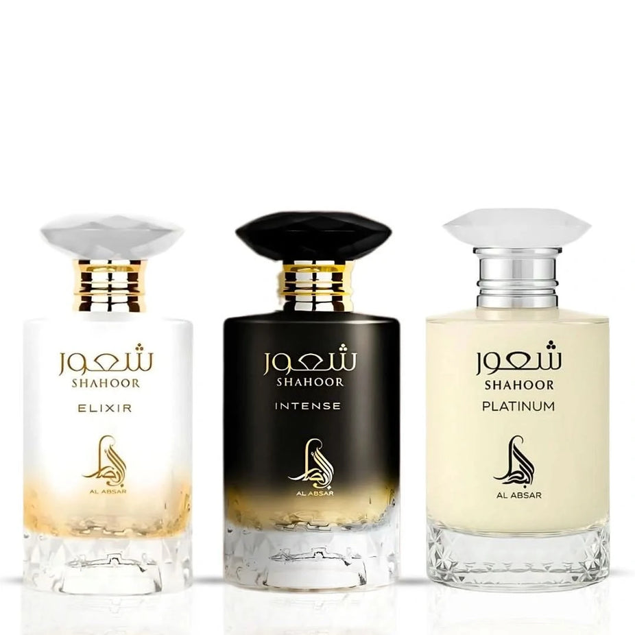 Al Absar Shahoor Intense, Elixir, and Platinum Eau de Parfum sprays in 100ml bundle, featuring sleek bottles with elegant designs.