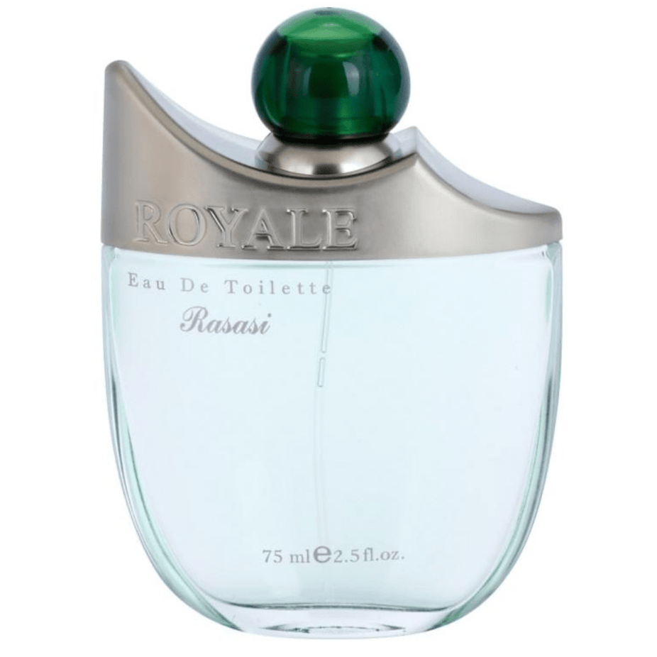 Rasasi Royale Spray for Men EDT bottle, 75ml, with sleek packaging and silver cap, showcasing the men's fragrance product.