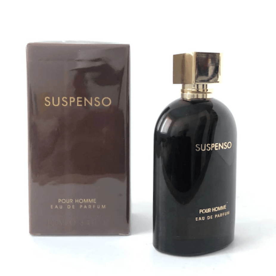 Fragrance World Suspenso for Men Eau De Parfum 100ML bottle with sleek black design and silver accents.