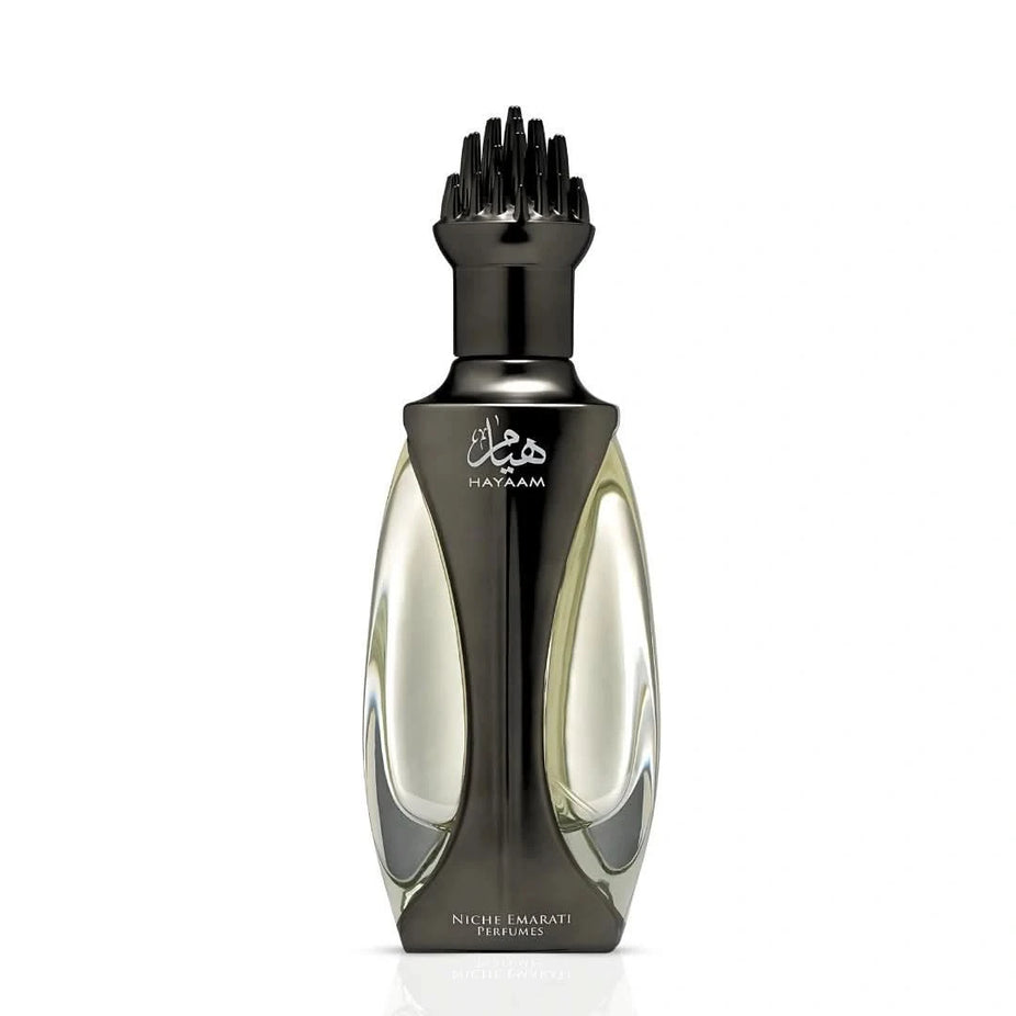 Lattafa Niche Emarati Hayaam Eau de Parfum spray 100ml with elegant floral and oriental fragrance bottle.