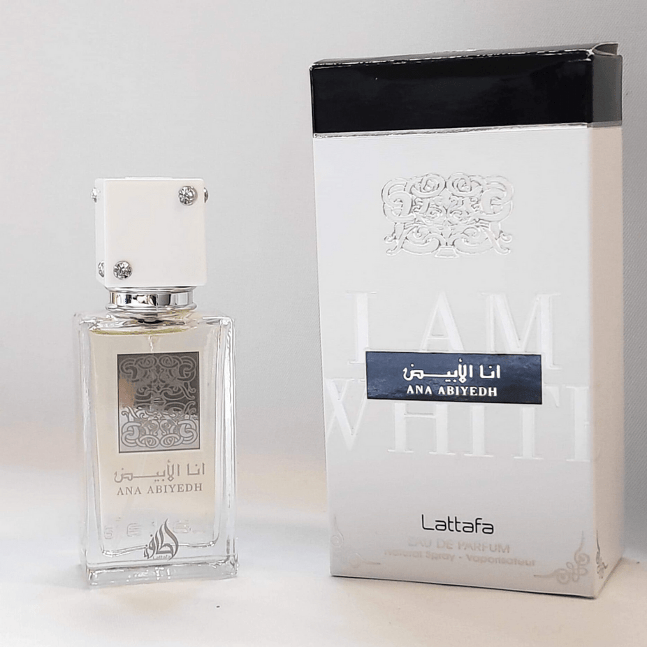 Lattafa Ana Abiyedh EDP 30ML perfume bottle with elegant floral and spicy fragrance details visible.