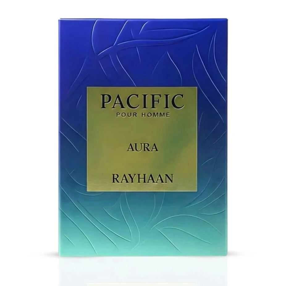 Rayhaan Pacific Aura Eau de Parfum spray bottle, 100ml, with elegant design and fragrance details visible.