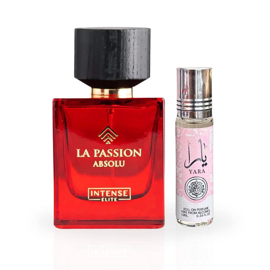 Bundle of Yara Roll-On Perfume Oil by Ard Al Zaafaran and La Passion Absolu Eau de Parfum spray by Intense Oud for women.