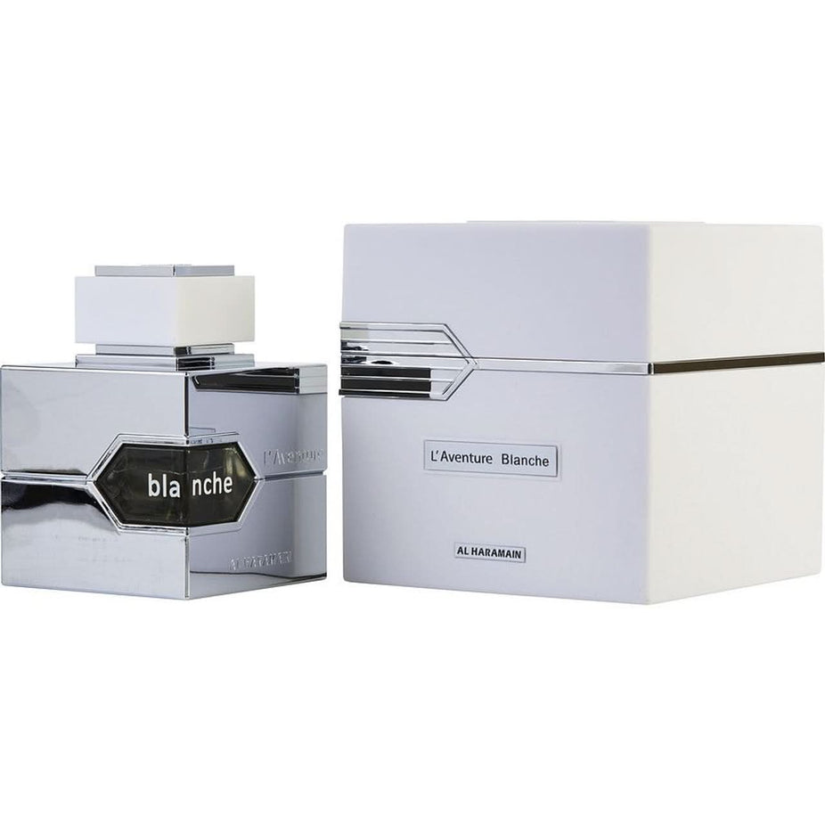 Al Haramain L'Aventure Blanche Eau de Parfum 100ML bottle with elegant clear glass and white cap, showcasing the luxurious fragrance.