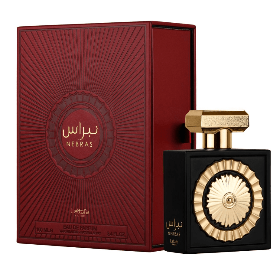 Lattafa Nebras and Khamrah Qahwa EDP perfume bundle with two 100ml bottles, featuring elegant packaging and branding.