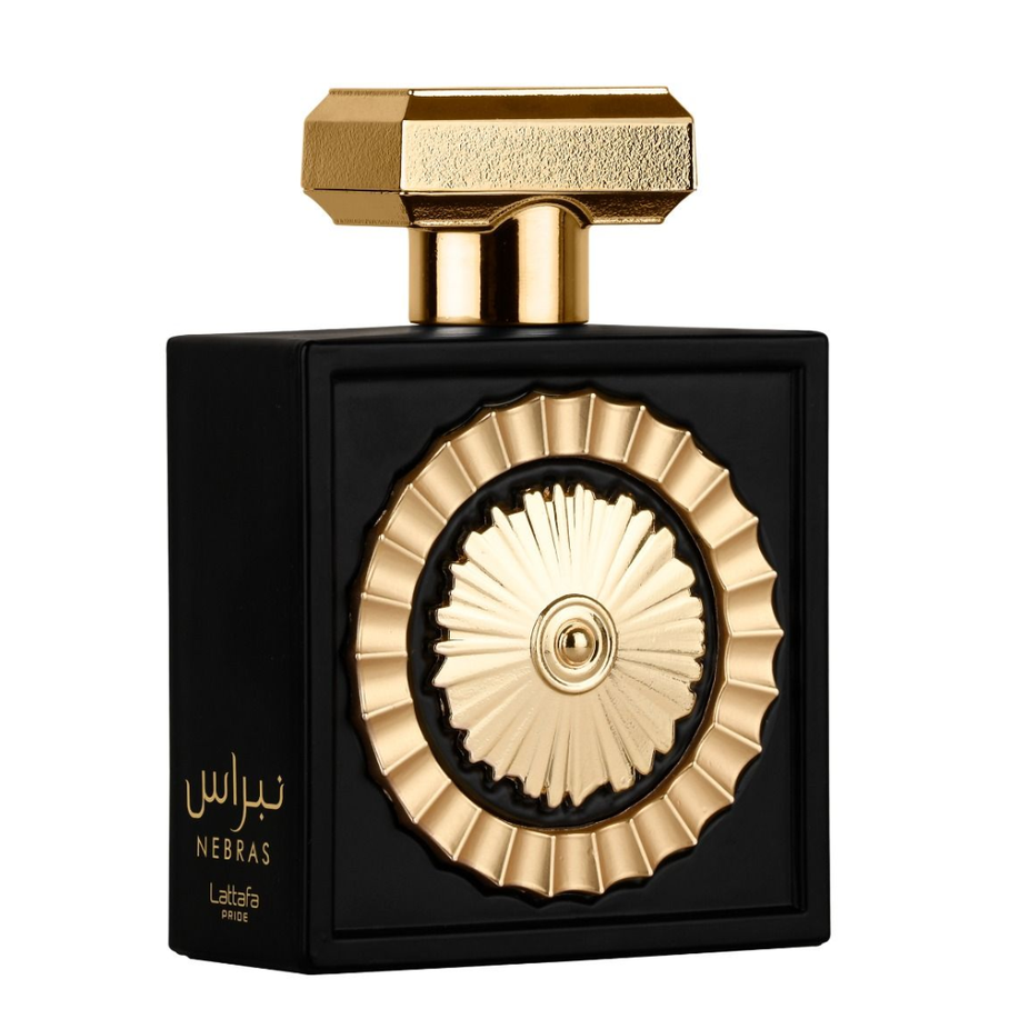 Lattafa Nebras and Khamrah Qahwa EDP bundle, 100ml bottles, featuring elegant fragrance bottles with intricate designs.