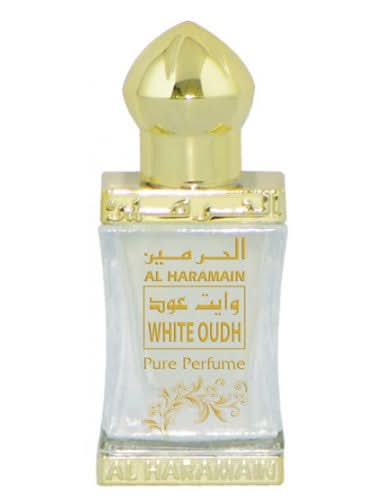 White Oudh CPO by Al Haramain, 12 ml concentrated perfume oil in a sleek white bottle with elegant branding.
